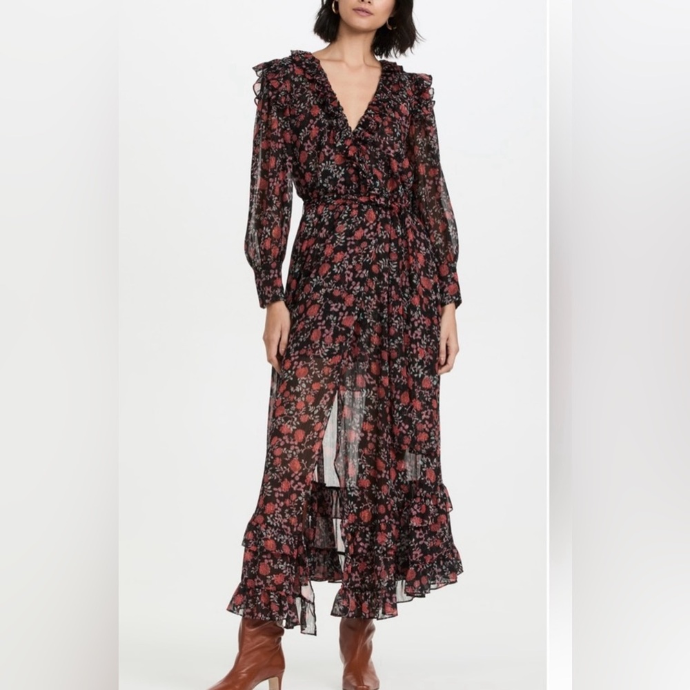 MISA Los Angeles Women's Black Metallic Floral Belted Waist Dress Size Medium